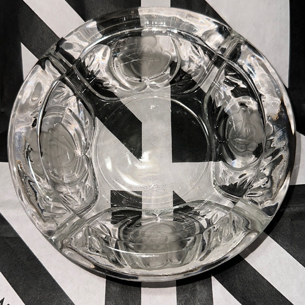 KIG Ashtray Indonesia Clear Pressed Glass Rose Pattern 4 Rest 6" Diameter VTG